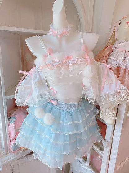 Candy Fairy Sweet White Camisole Top & Blue Ruffle Skirt Two Piece Set