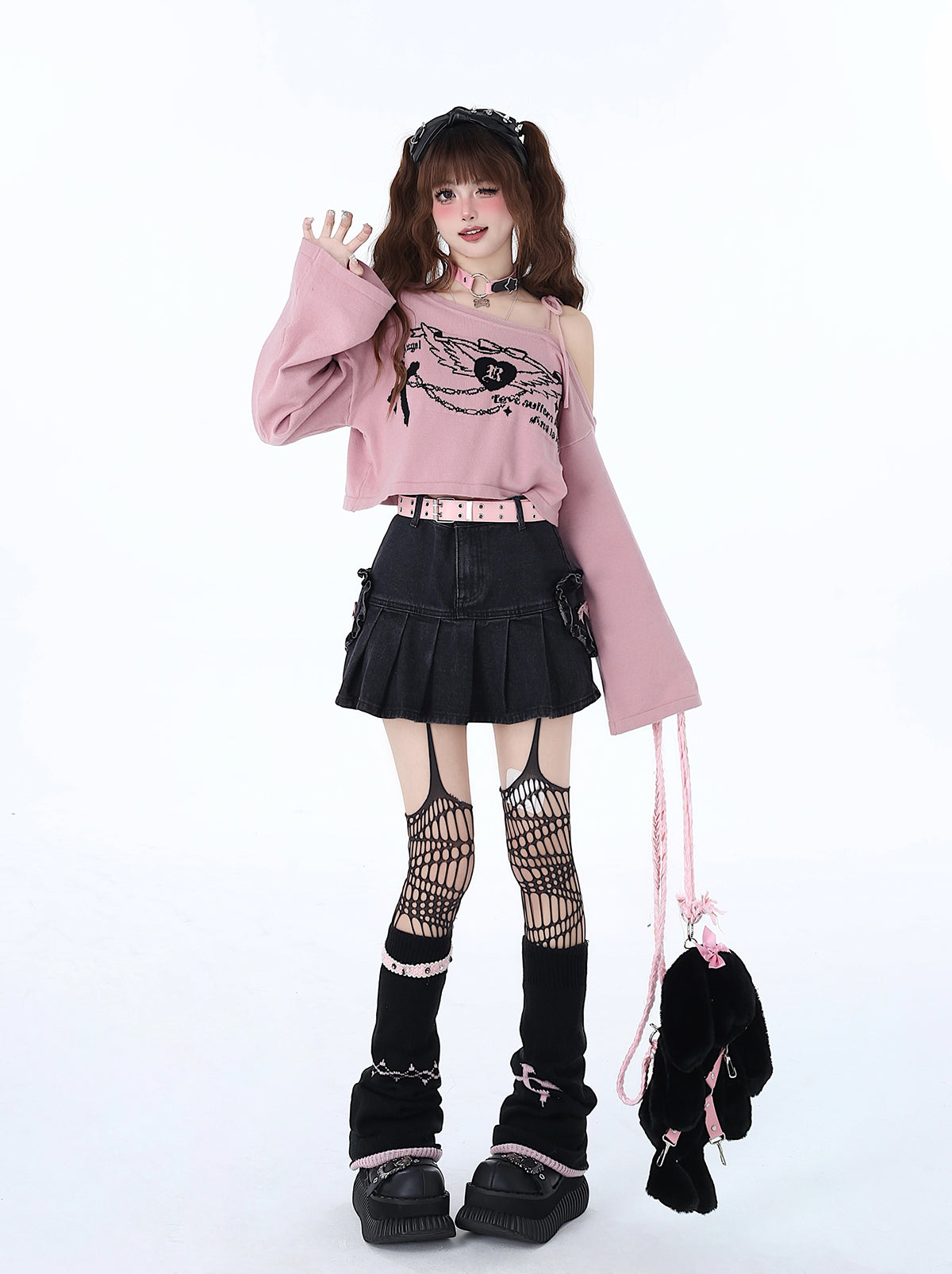 Crazy Girl First Love Concerto Heart Wings Y2K Pink Black Shirt Top