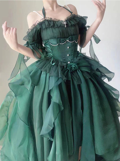 Meow Fruit Rose Pearl Decorated Princess Ruffled Bow Layered Elegant Prom Dress