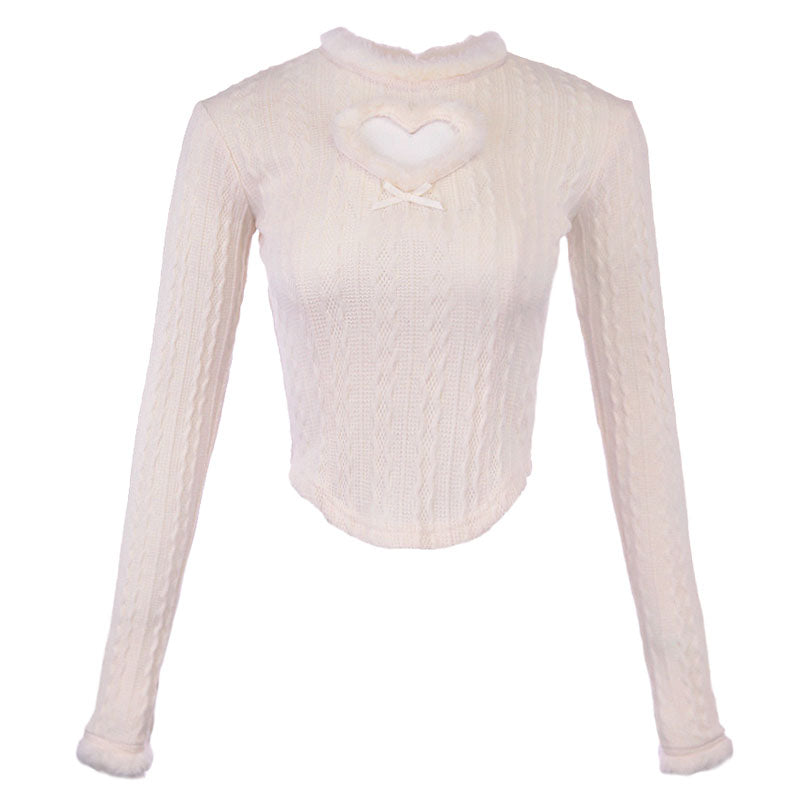 Cute Sexy White Striped Heart Fur Turtle Neck Plush Sweater