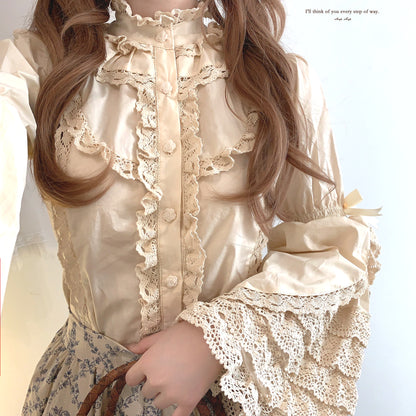 Dormir Doll Maiden Lace Long Sleeve Cream White Black Shirt Blouse Top