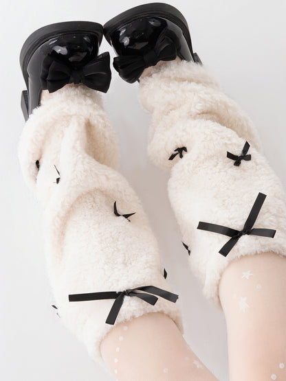 Fluffy Wool Black Bow Coquette White Warm Leg Warmers