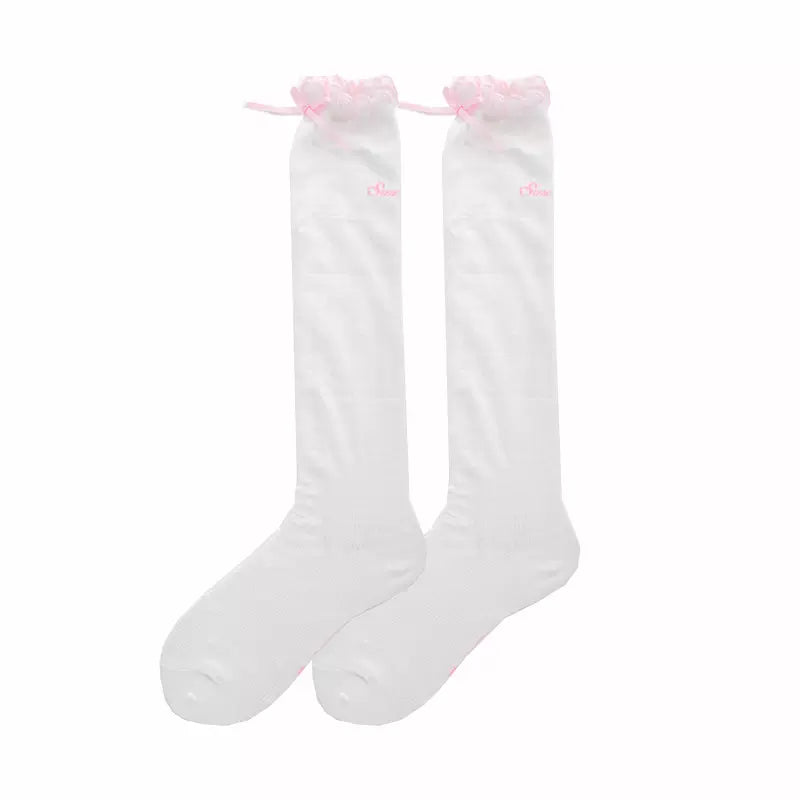 Sweet Bow Lolita Cotton White Pink Blue Calf & Over the Knee Socks