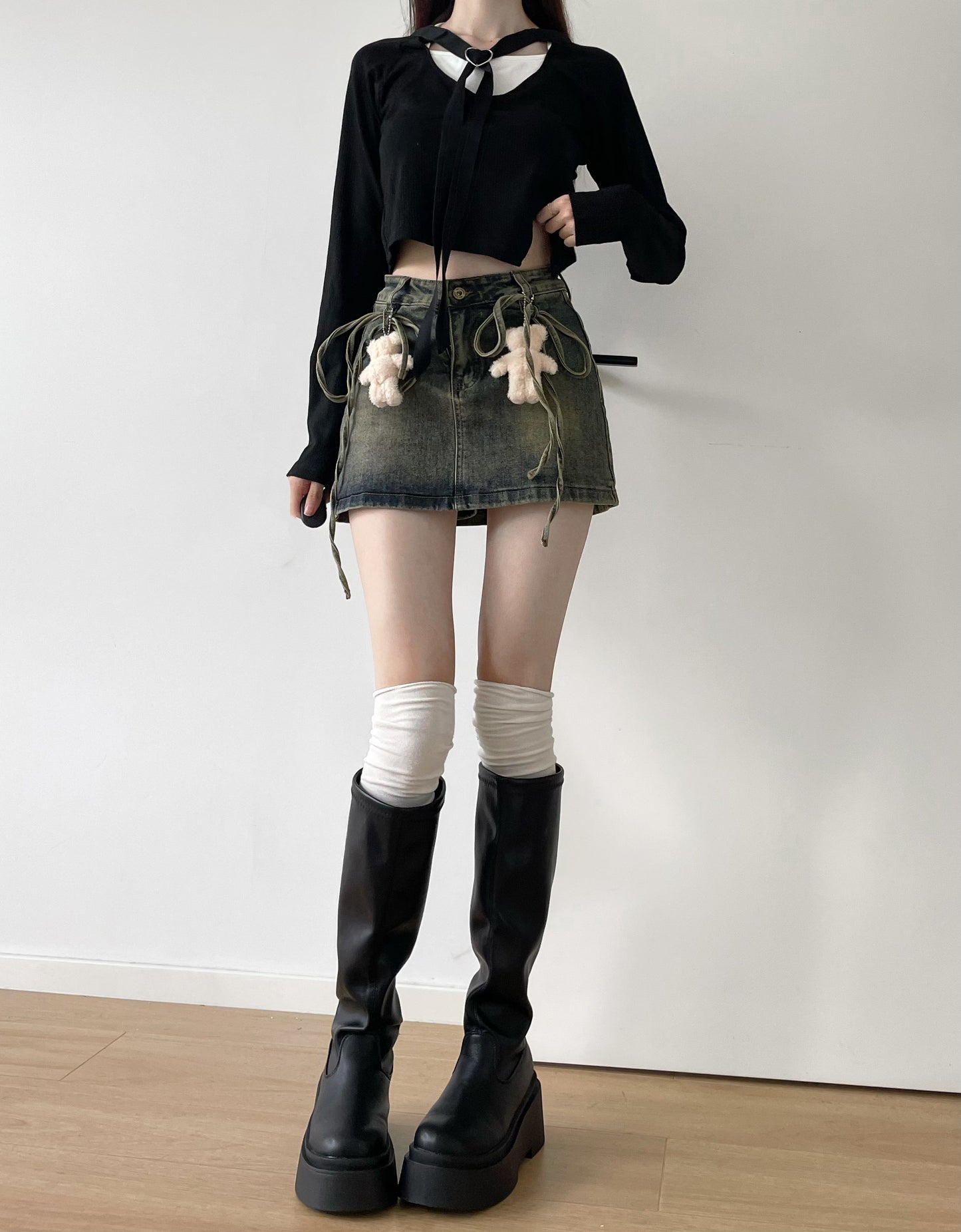 Teddy Bear Doll Grunge Y2K Dirty Wash Denim Short Skirt