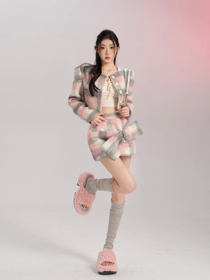 Lucia Winter Gray Pink Plaid Woolen Jacket Top & Scarf & Mini Skirt Three Piece Set