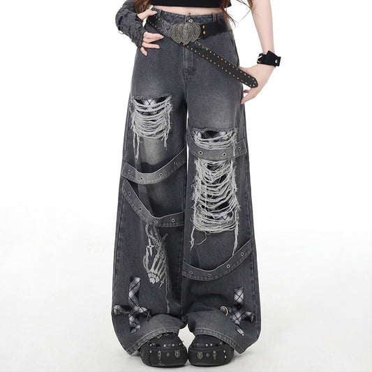 Crazy Girl Concert Escape Black Gray Baggy Ripped Jeans