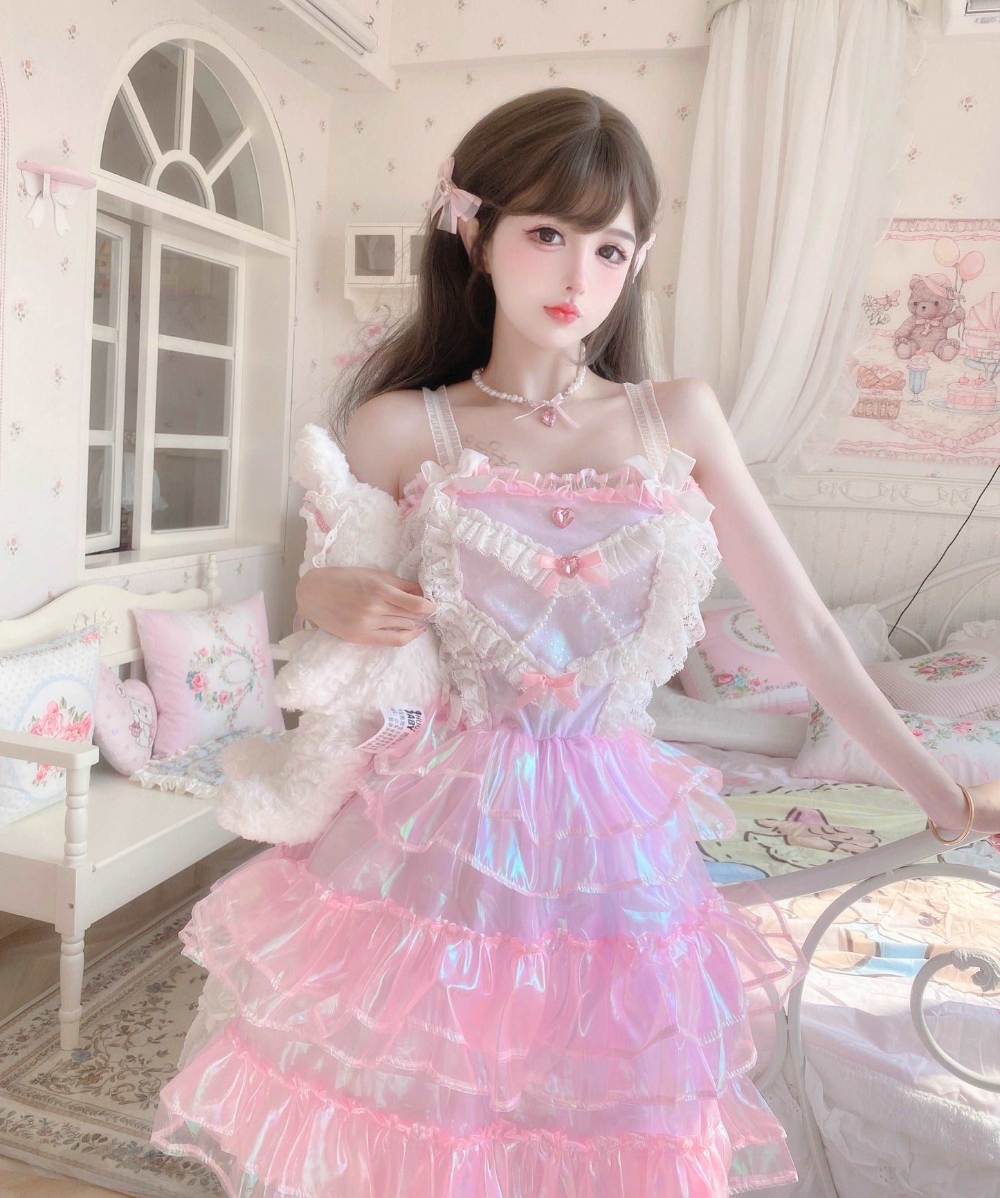 Candy Fairy Sweet Pink Princess Party Sparkling Ruffled Layered Dress