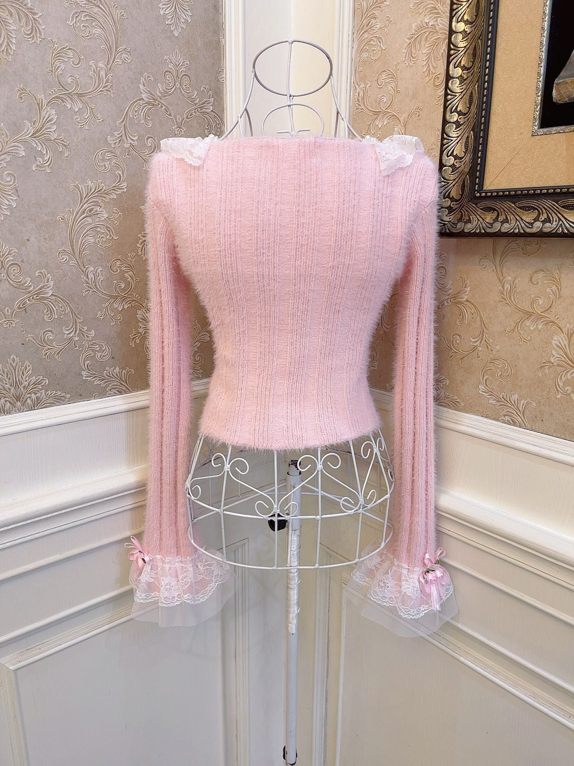 Sweetheart Princess Rose Lace Pink Knit Sweater & Mini Skirt Two Piece Set