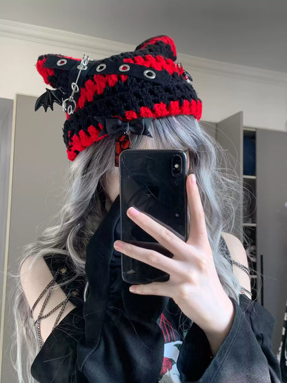 Punk Bat Girl Black White Red Gray Cat Ears Knit Hats