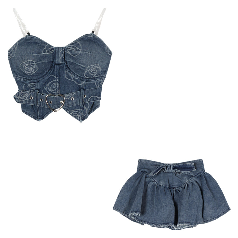 Young Eyes Y2K Sexy Summer Denim Rose Pattern Strap Top & Mini Short Skirt Two Piece Set
