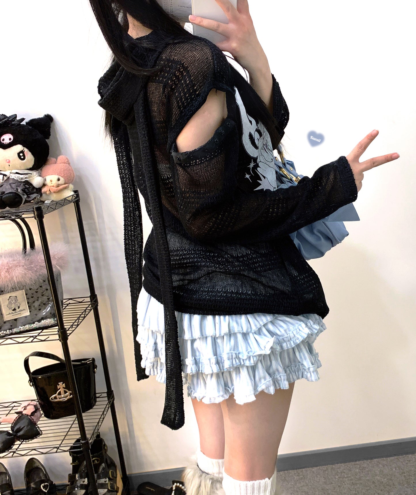 Kitten Bullet Doll Dependence Black & White Hollow Knit Sweater Hoodie Top