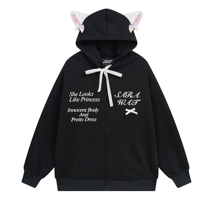 Serendipity Cute Pink Black Gray Coquette Princess Cat Ears Oversize Hoodie Jacket