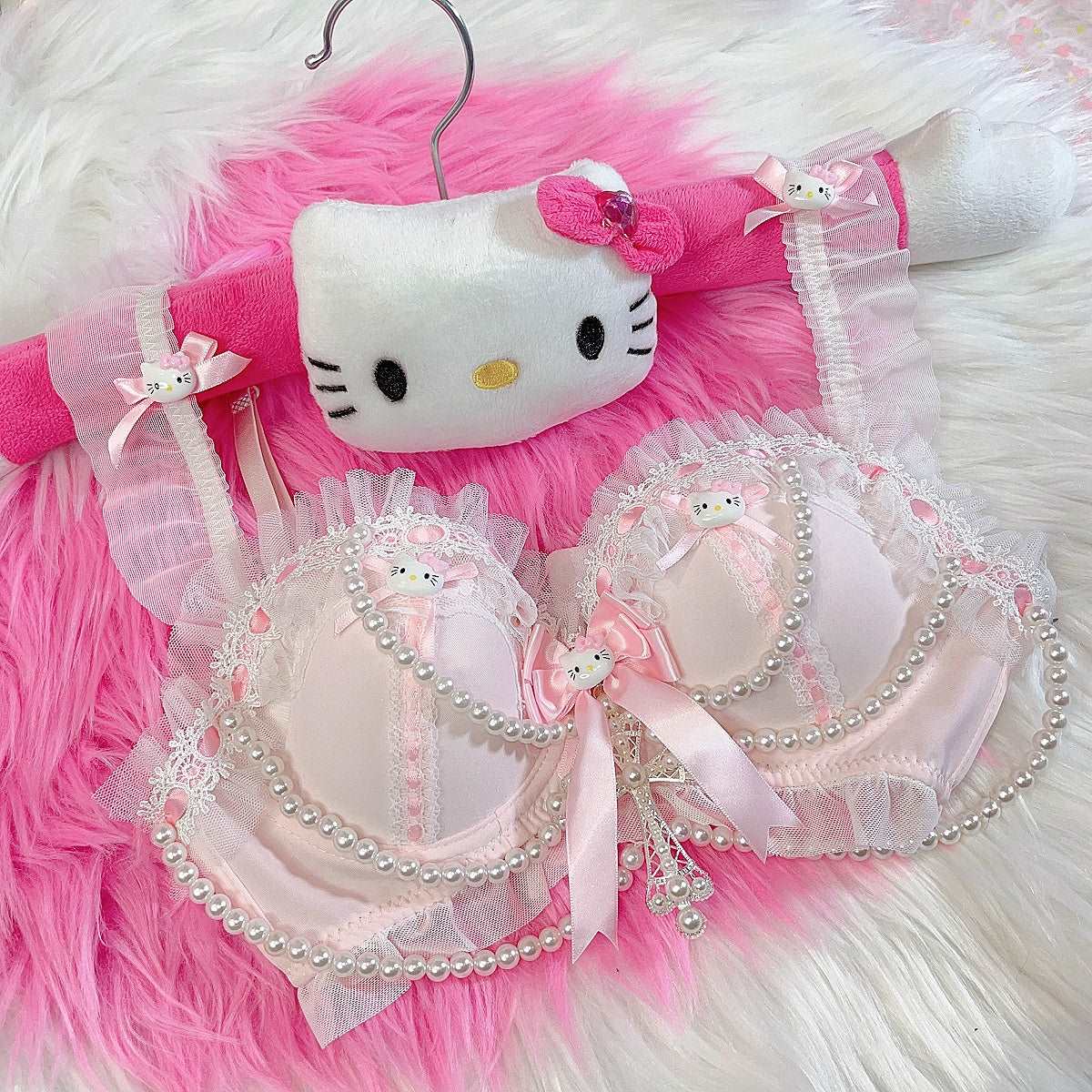 Coquette Sexy Y2K Bow Kitty Lace Pearl Pink Cream Bra Lingerie