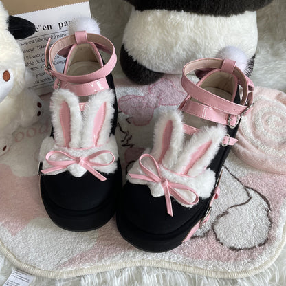 Falling Flower Dream EGL Cute Fur Plush Rabbit Ears Buckle Black White Pink Blue Purple Platform Shoes