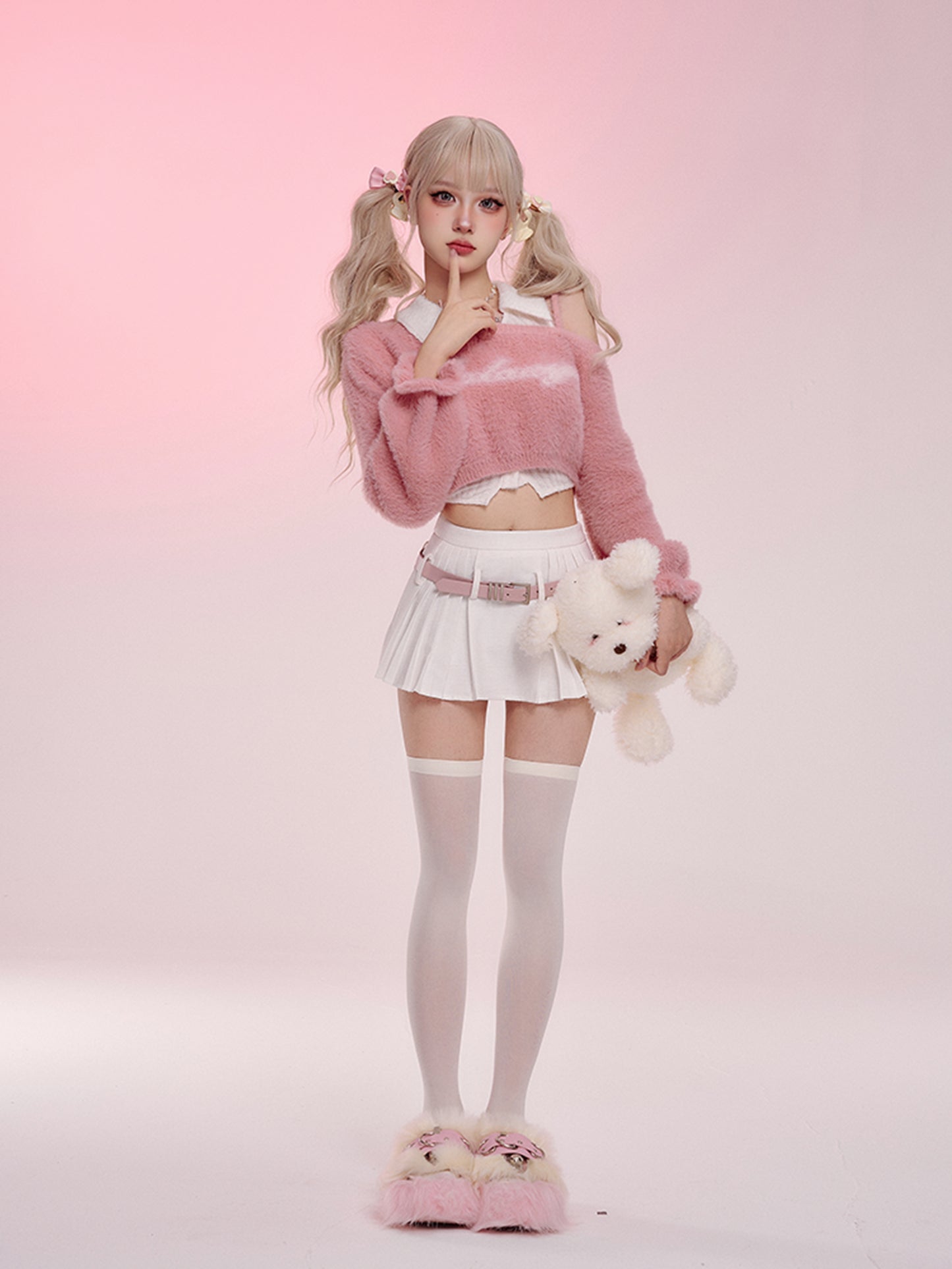 Serendipity Autumn Ice Cream Berry Fuzzy Pink Sweater & White Top & Pleated Skirt Three Piece Set