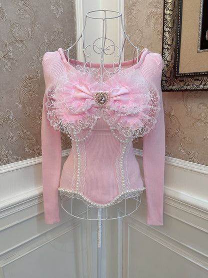 Sweetheart Princess Girly Pink Lace Bow Pearl Knit Sweater