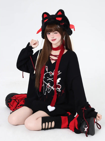 Crazy Girl Lovelorn Club Tooth Fairy Red Black White Knit Sweater