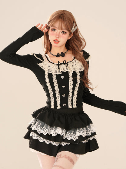 Young Eyes Coquette Square Collar Lace Black Gray White Shirt Top