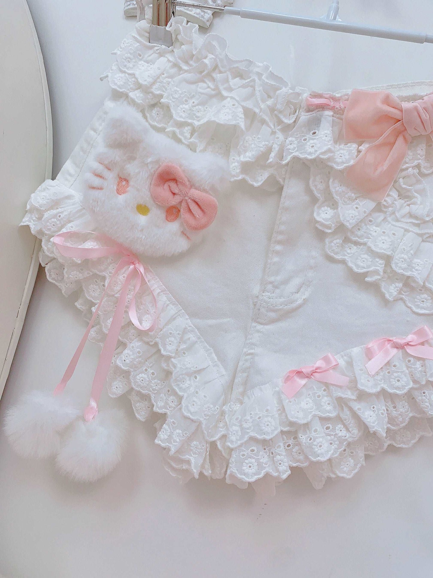 Candy Fairy Coquette Kitty Cat White Denim Lace Shorts