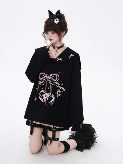 Crazy Girl Dream Ballet Cherry Pink Black Sailor Collar Sweater