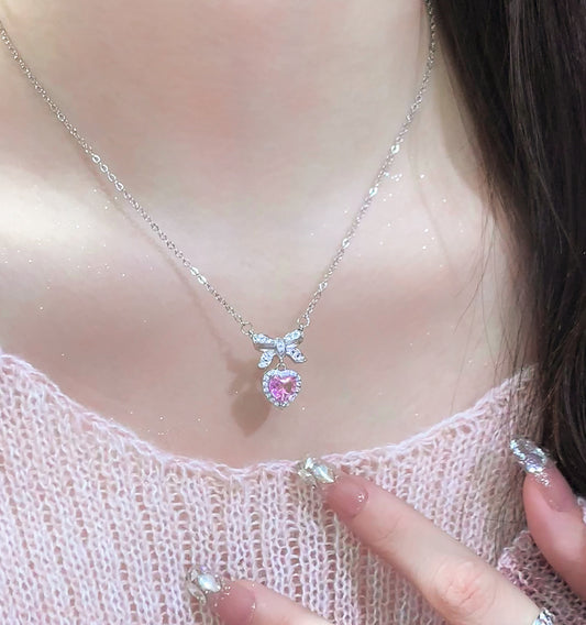 Luxury Pink & Silver Heart Diamond Frame Bow Pendant Necklace