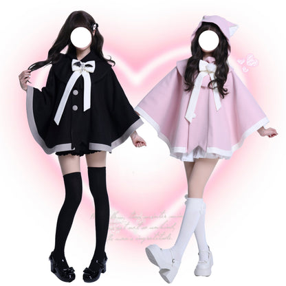 Platycodon Cat Ears Cake Pink Black Wool Cape Coat