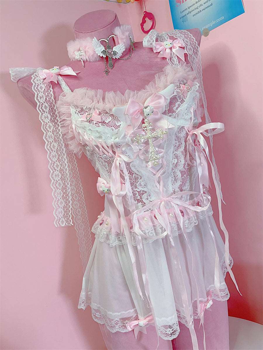 Coquette Sexy Bow Kitty Lace White x Pink Dress Lingerie