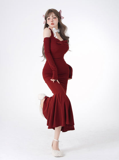 Young Eyes Christmas Holiday Festive Winter Sexy Red Burgundy Halter Neck Bodycon Midi Dress