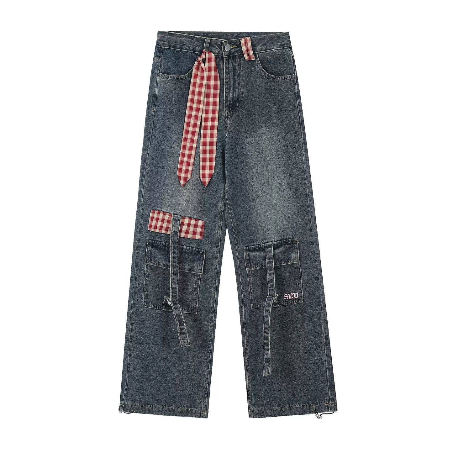 Crazy Girl Country Girl Red Plaid Blue Denim Baggy Pants