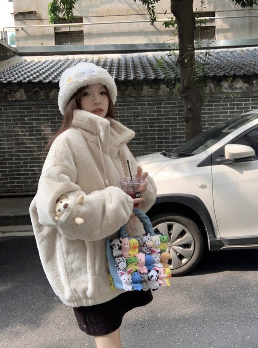 Fall Winter Plush High Collar 3D Bear White Jacket Coat