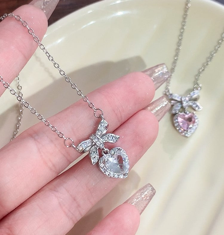 Luxury Pink & Silver Heart Diamond Frame Bow Pendant Necklace