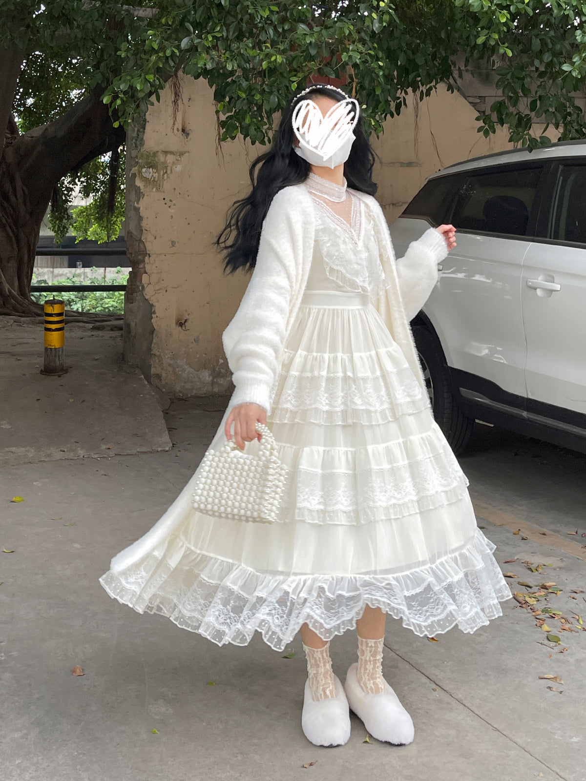 Ruellia Fall Fairy White Lace Mesh Long Sleeve Ruffled Layared Cake Dress