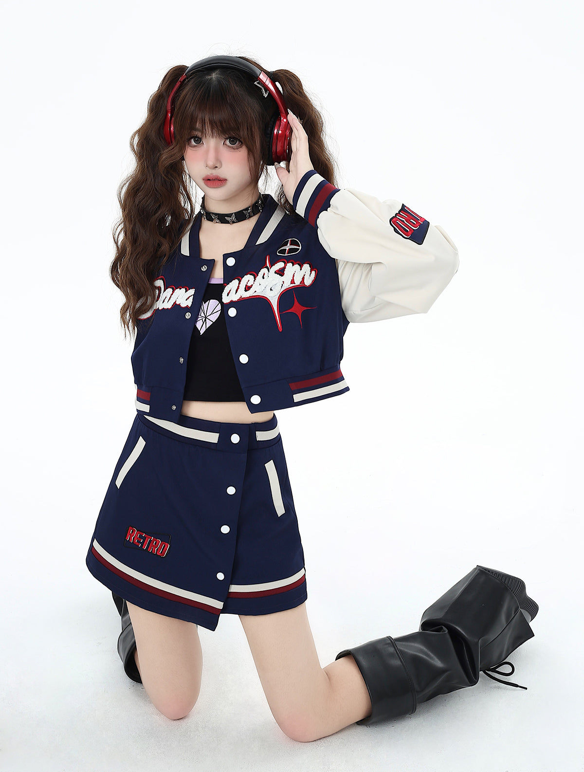 Crazy Girl Navy Blue Retro Baseball Jacket Skirt Two Piece Set