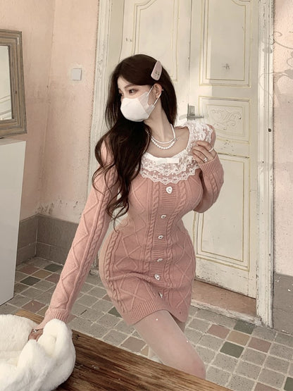 Lazy Girl Fall White Pink Black Lace Collar Knit Bodycon Dress