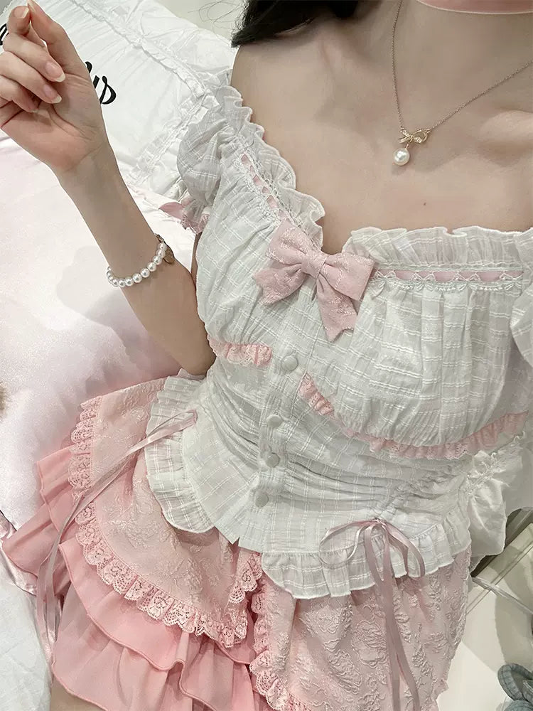 Serendipity Peach Ice Cream White Top & Pink Skirt Two Piece Set