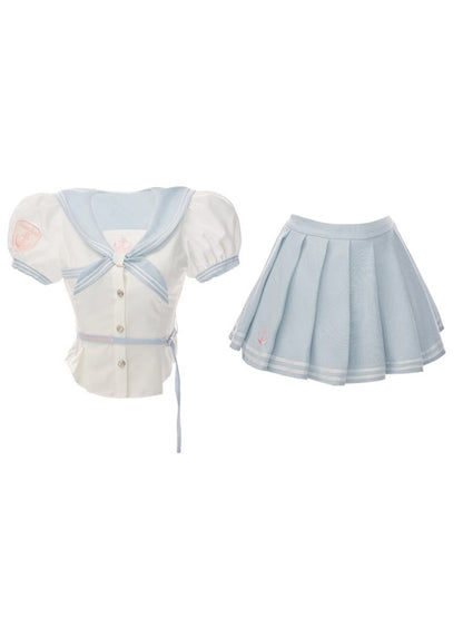 Serendipity Summer Voyager Blue Seifuku Sailor Collar Shirt Top & Skirt Two Piece Set