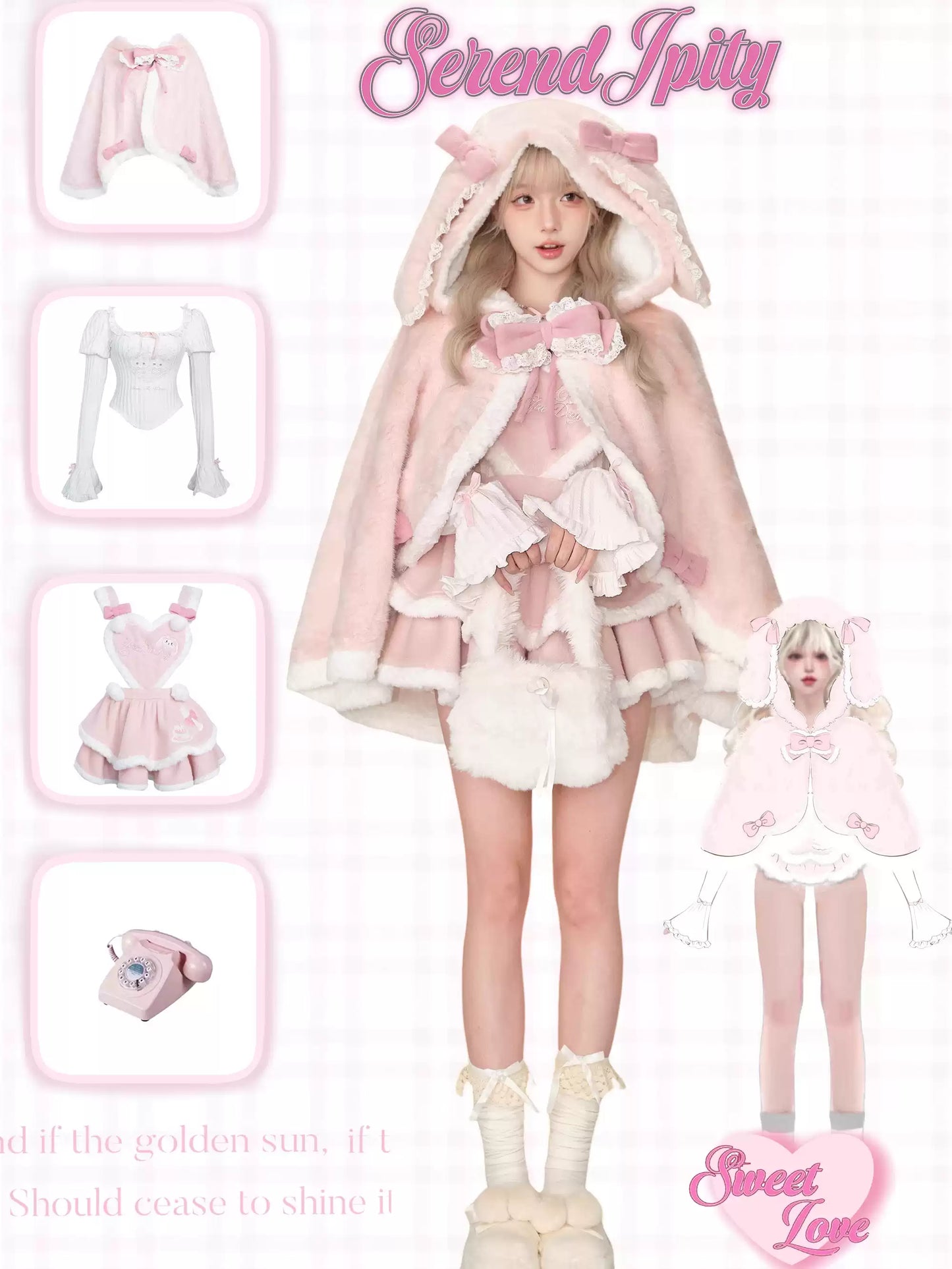 Serendipity Strawberry Dessert White Top & Pink Suspender Dress & Rabbit Ears Cape Three Piece Set