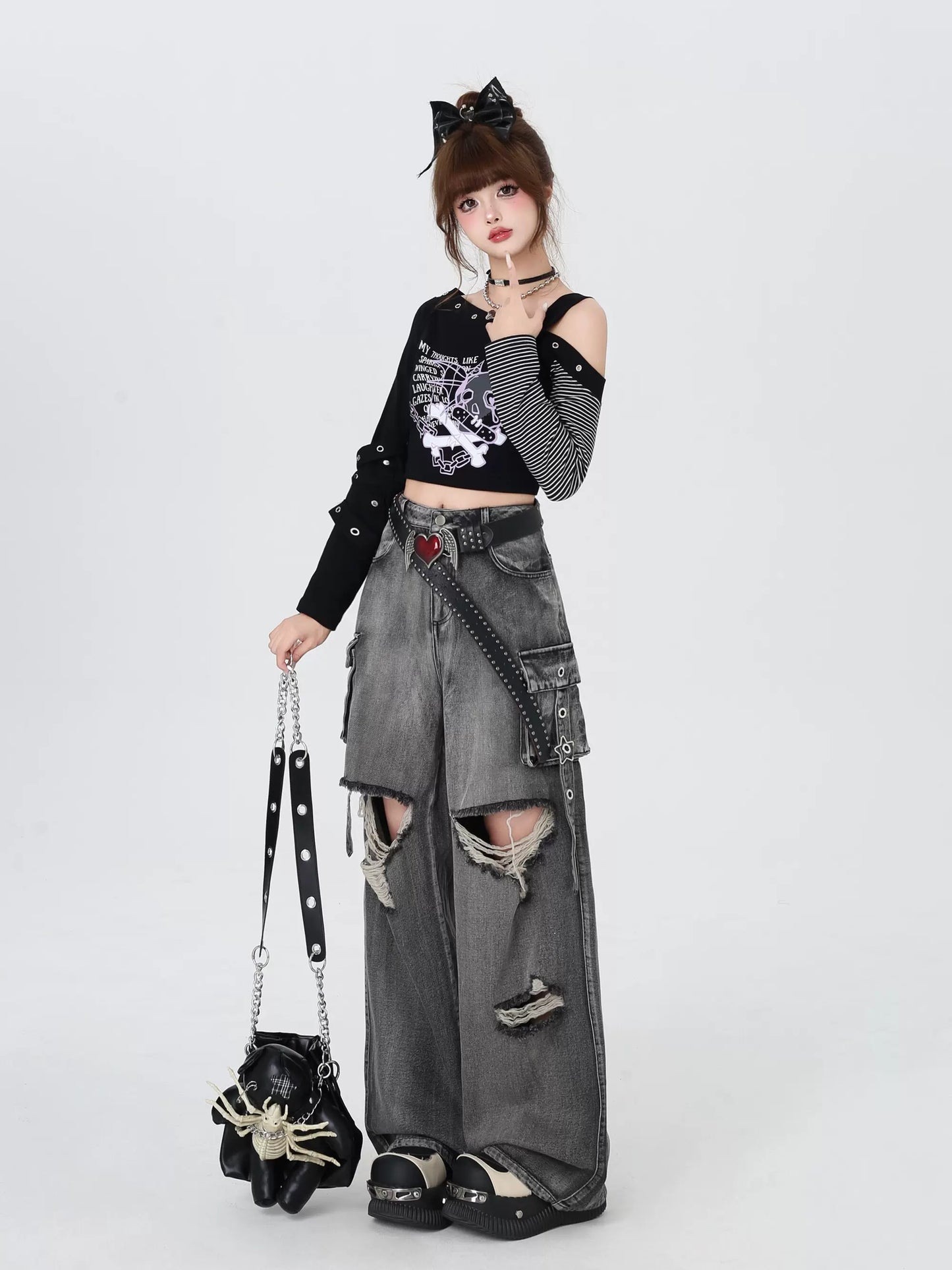 Crazy Girl Retro Gray Wide Leg Denim Ripped Jeans