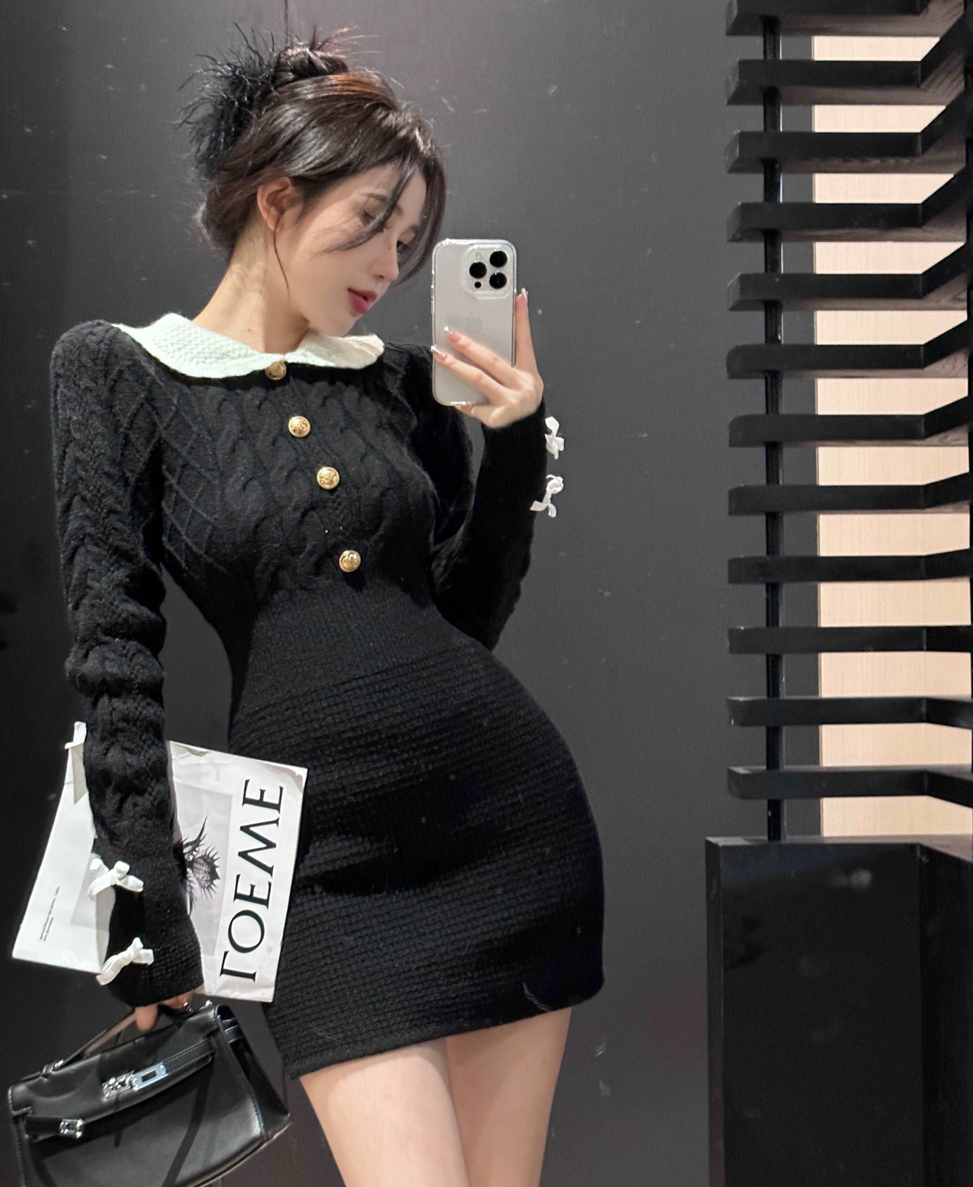 Bow Ribbon Classy Fit Autumn Winter Pink Black Knit Dress