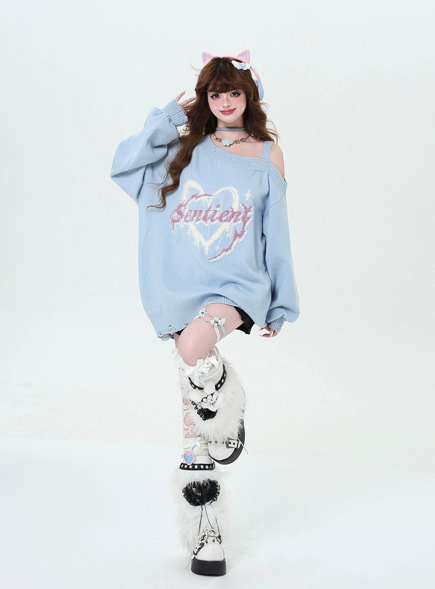 Crazy Girl Sentient Heart Black White Pink Blue Knit Off Shoulder Sweater