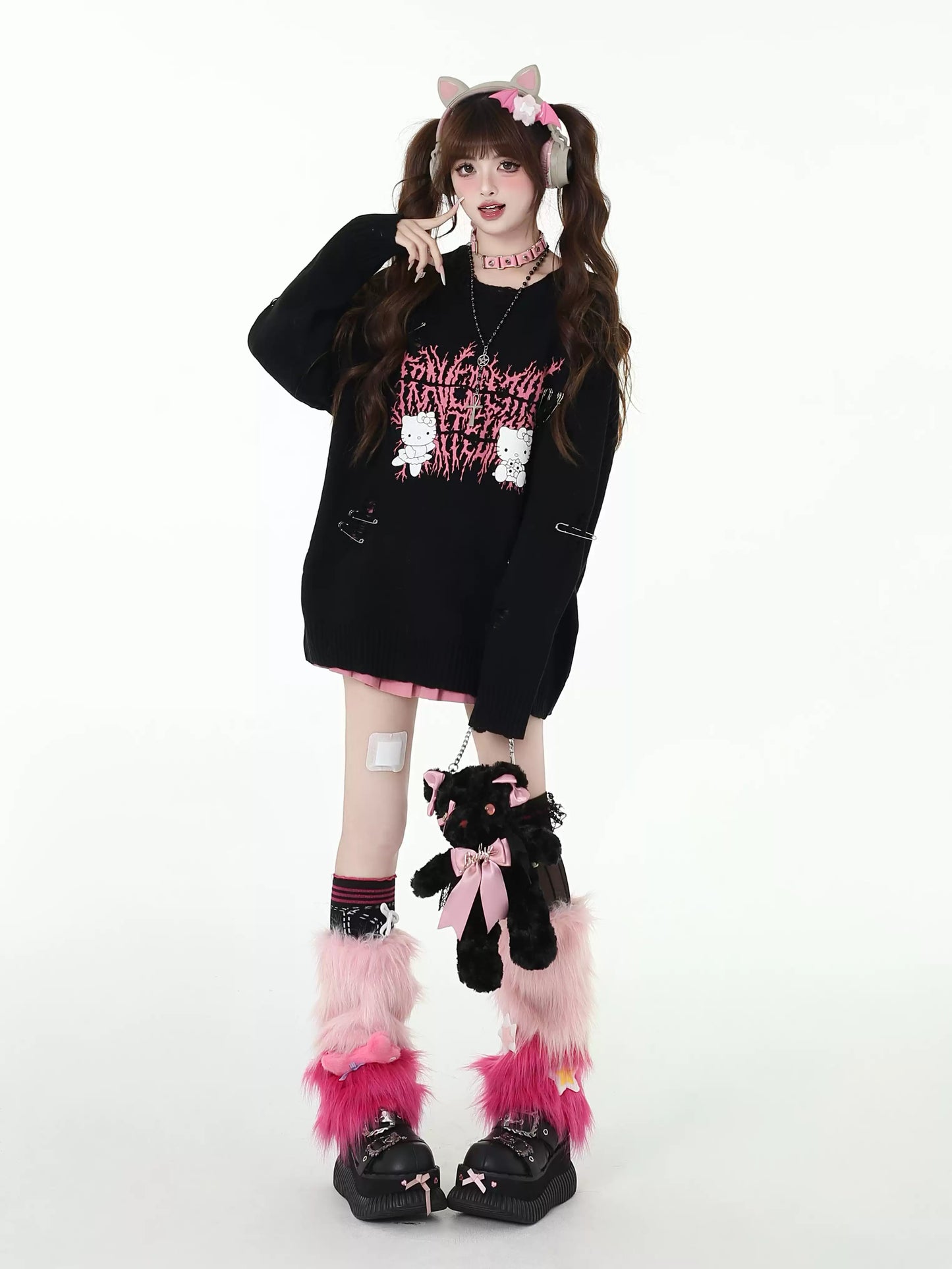 Crazy Girl Punk Kitty Clips Pink Black Knit Sweater