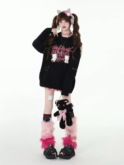 Crazy Girl Punk Kitty Clips Pink Black Knit Sweater