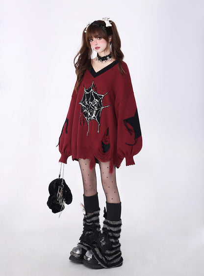 Crazy Girl Love Cycle Spider Web Red Black Sweater Top