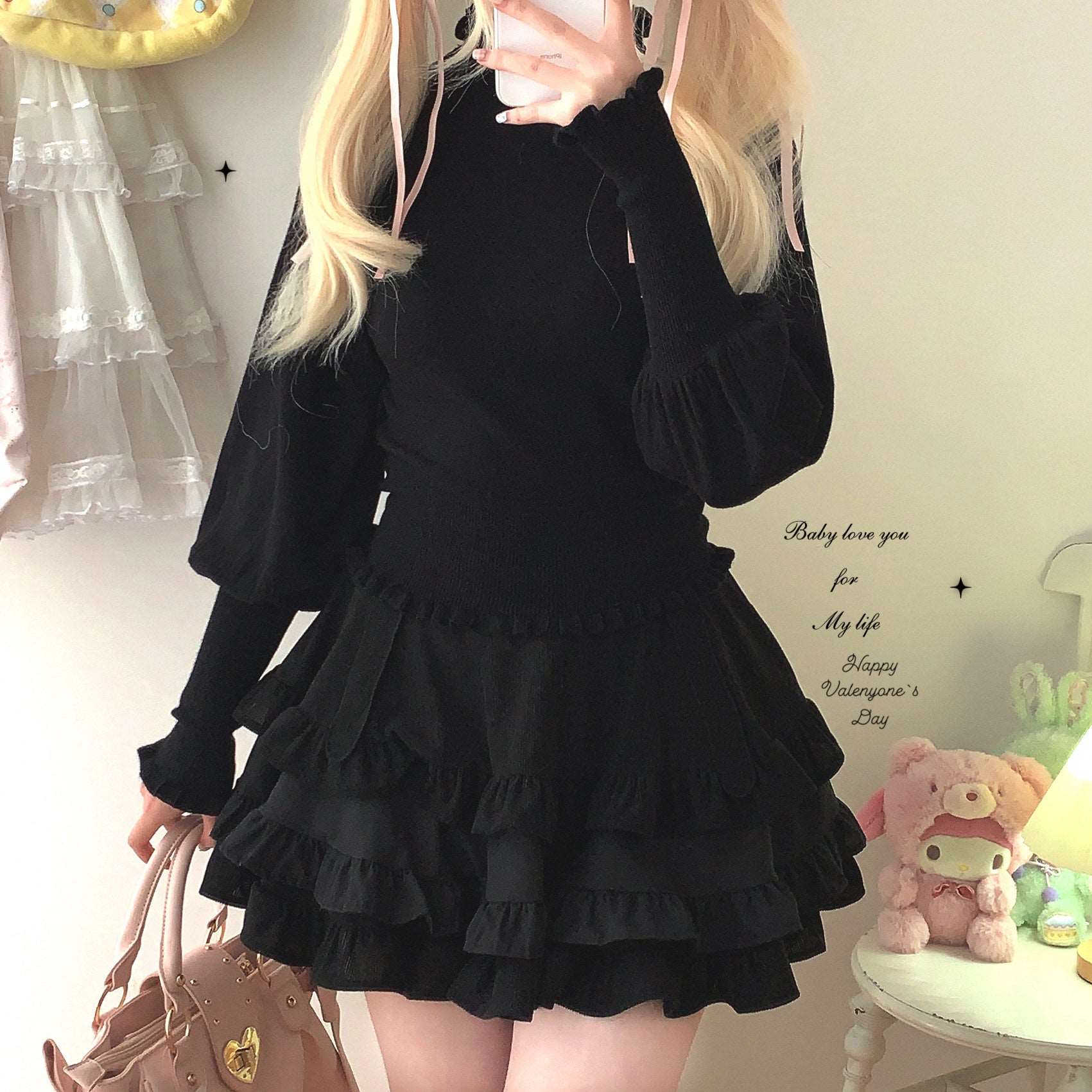 Dormir Doll Lolita Black Pink Cake Corduroy Ruffled Skirt