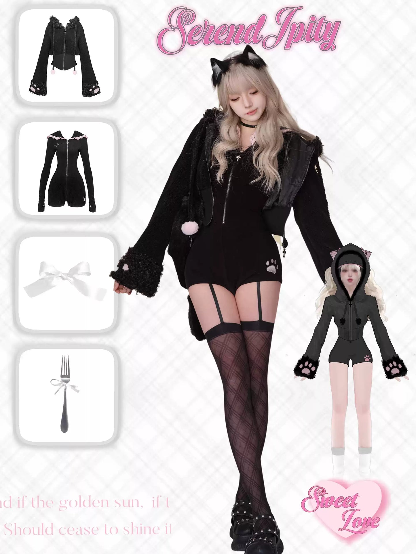 Serendipity Comic Black Cat Jacket & Bodysuit Rompers Two Piece Set