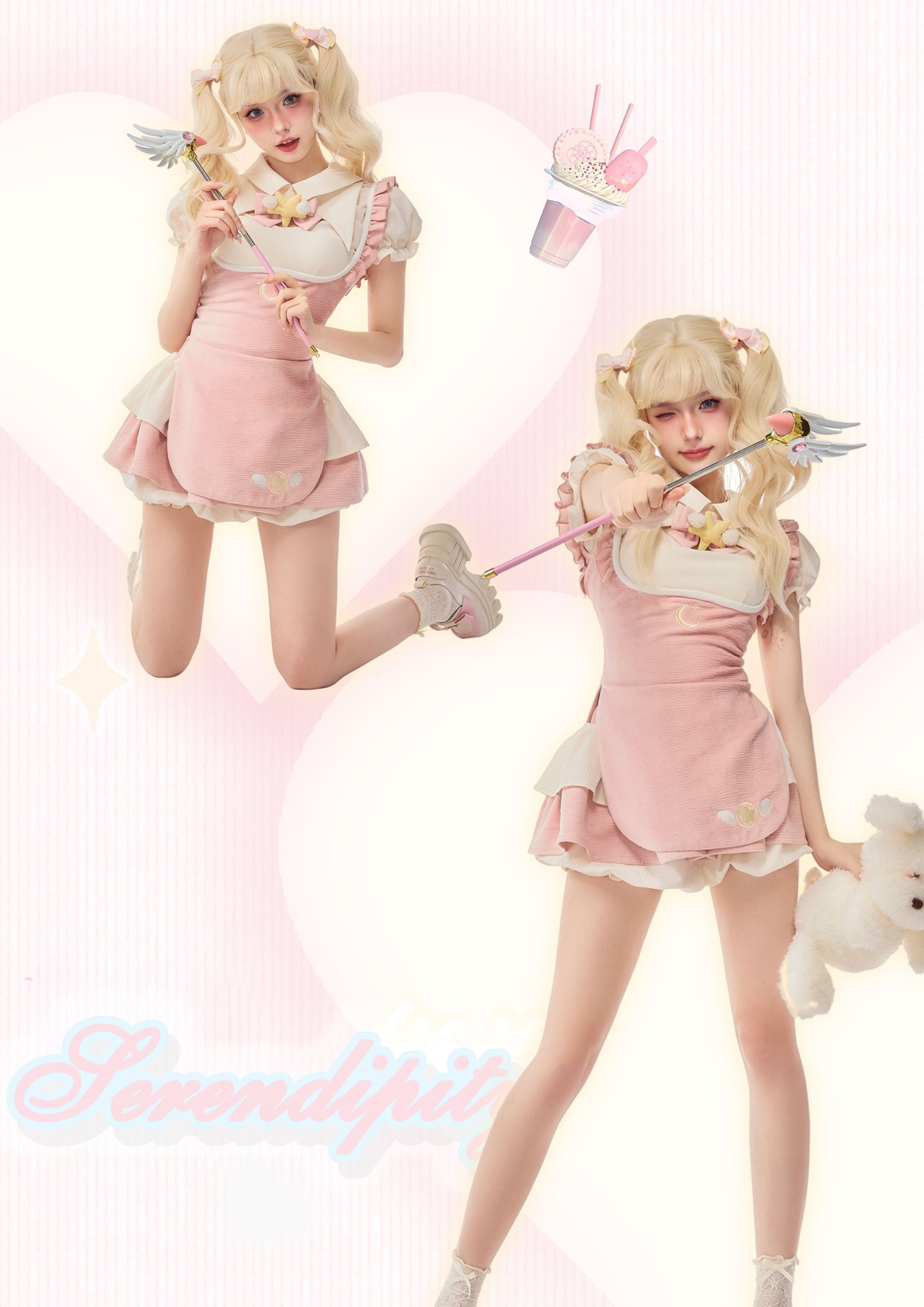 Serendipity Sweet Magical Girl Star Wings Beige Cream Shirt & Pink Apron & Ruffled Mini Skirt Three Piece Set