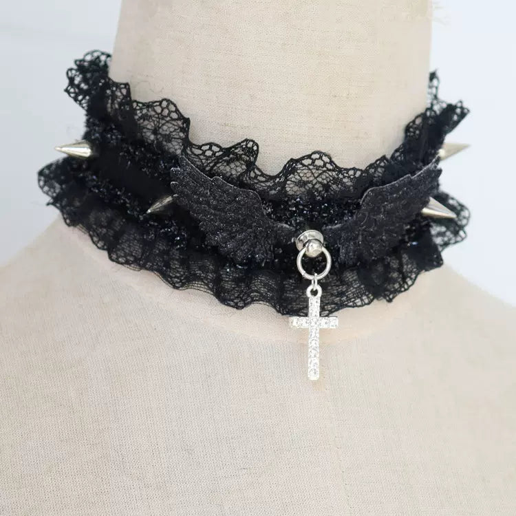 White Black Wings Coquette Cross Lace Choker Necklace