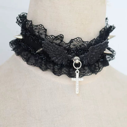 White Black Wings Coquette Cross Lace Choker Necklace