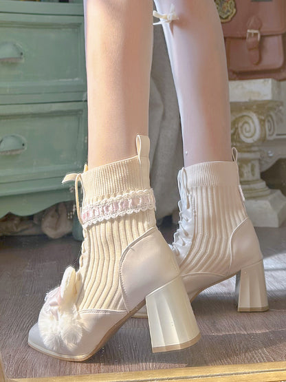 Pinky Rabbit Ears Plush Pearl Knit Coquette Winter Heels Boots Shoes & Lace Balletcore Leg Warmers