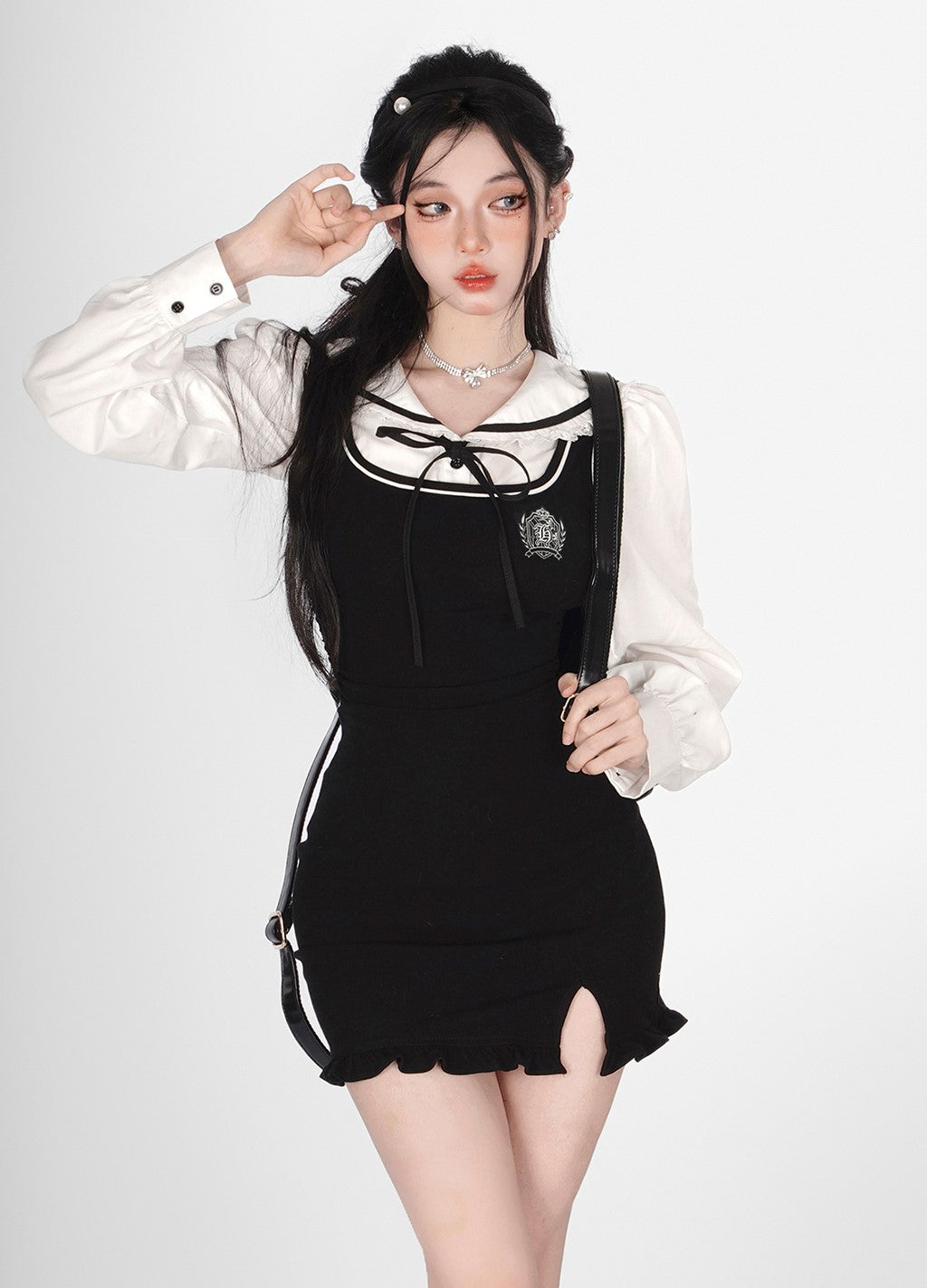 Young Eyes First Love Diary White Sailor Collar Shirt & Black Suspender Dress Two Piece Set